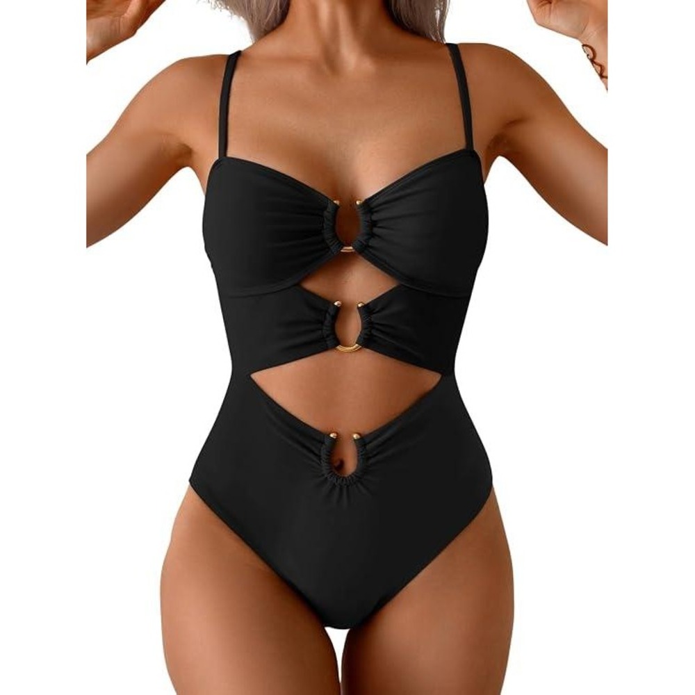 Eomenie Womens Cutout One Piece Swimsuit Black Gold Ring Sexy Bathing Suit XL